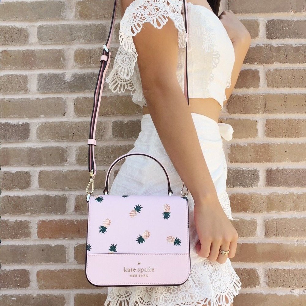 Kate Spade Colada Staci Pineapple Square Flap Crossbody Top Handle Pink Multi - Picture 4 of 8